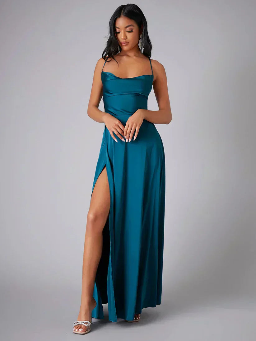 VIOLETAâ„¢ WOMEN'S SPAGHETTI STRAP EVENING MAXI DRESS: HIGH SLIT