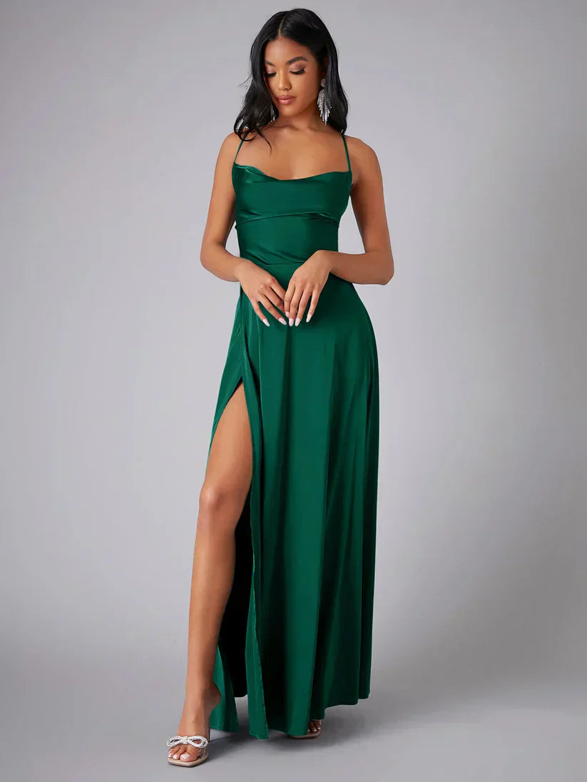 VIOLETAâ„¢ WOMEN'S SPAGHETTI STRAP EVENING MAXI DRESS: HIGH SLIT