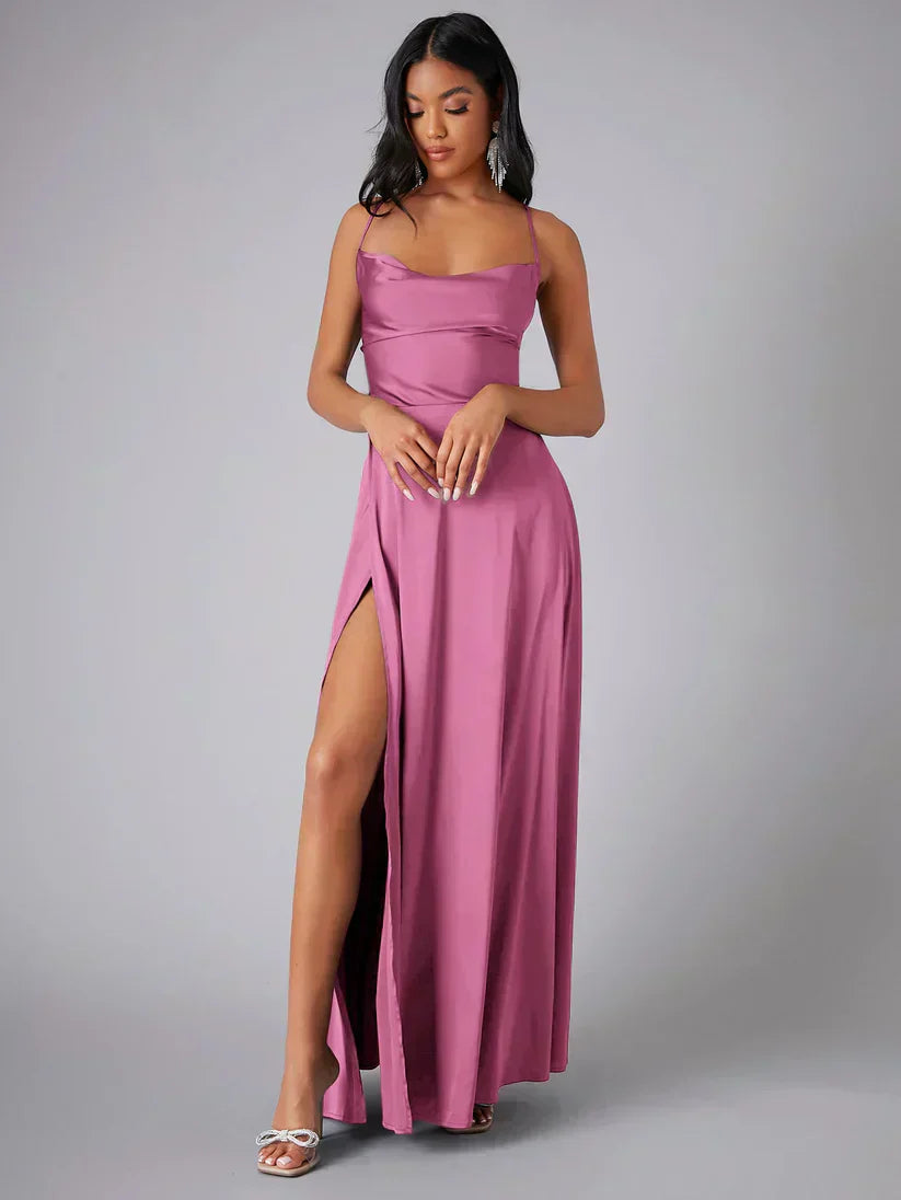 VIOLETAâ„¢ WOMEN'S SPAGHETTI STRAP EVENING MAXI DRESS: HIGH SLIT