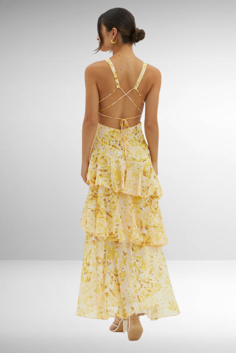 MIRAE™ WOMEN'S SLEEVELESS LAYERED MAXI DRESS: DEEP V-NECK & RUFFLE HEM