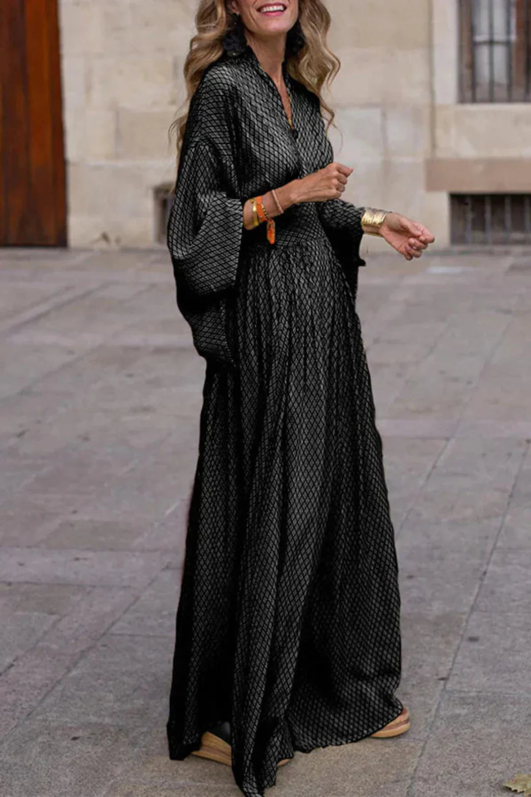 ELEORA™ WOMEN'S GEOMETRIC PRINT MAXI DRESS: LONG SLEEVES & V-NECK