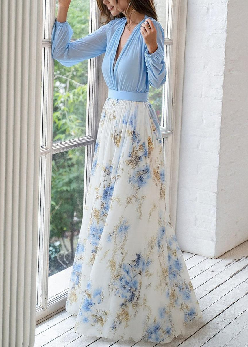KIRI™ WOMEN'S ELEGANT V-NECK MAXI DRESS: LONG SLEEVES & FLORAL SKIRT
