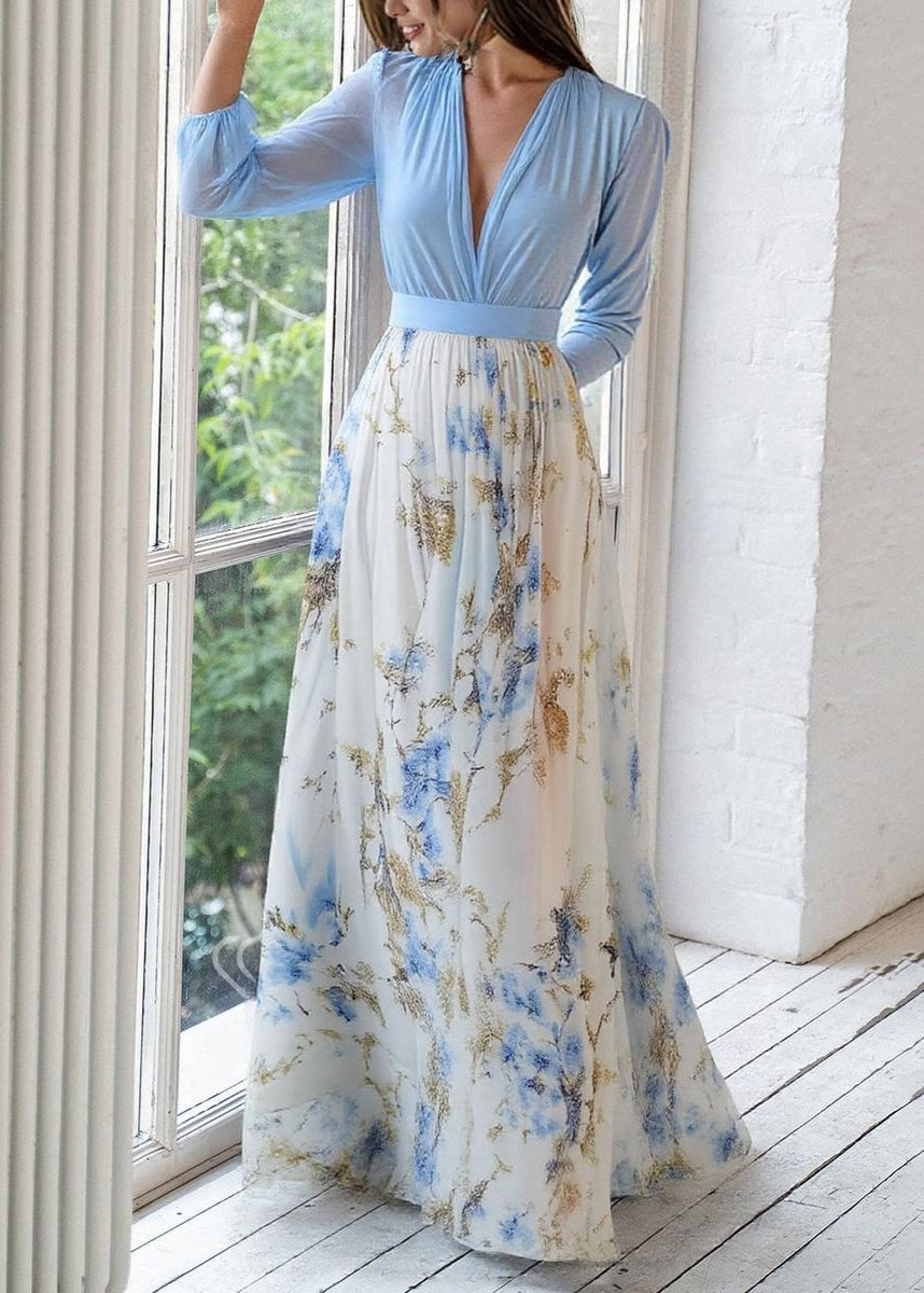 KIRI™ WOMEN'S ELEGANT V-NECK MAXI DRESS: LONG SLEEVES & FLORAL SKIRT