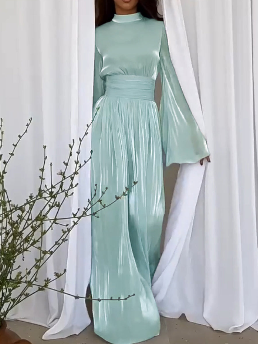 NORI™ WOMEN'S LONG SLEEVE MAXI DRESS: HIGH NECKLINE & WAISTBAND