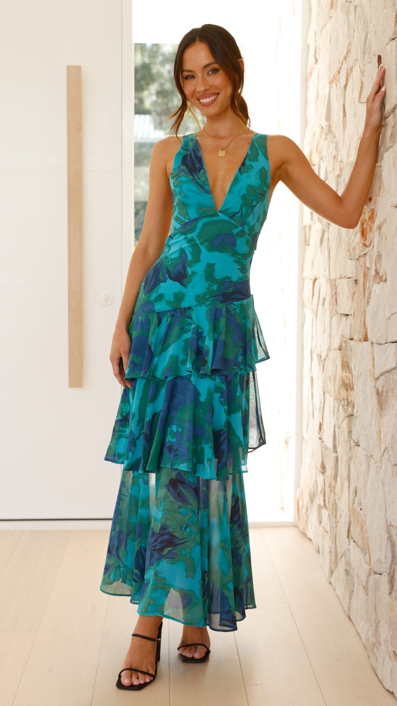 MIRAE™ WOMEN'S SLEEVELESS LAYERED MAXI DRESS: DEEP V-NECK & RUFFLE HEM