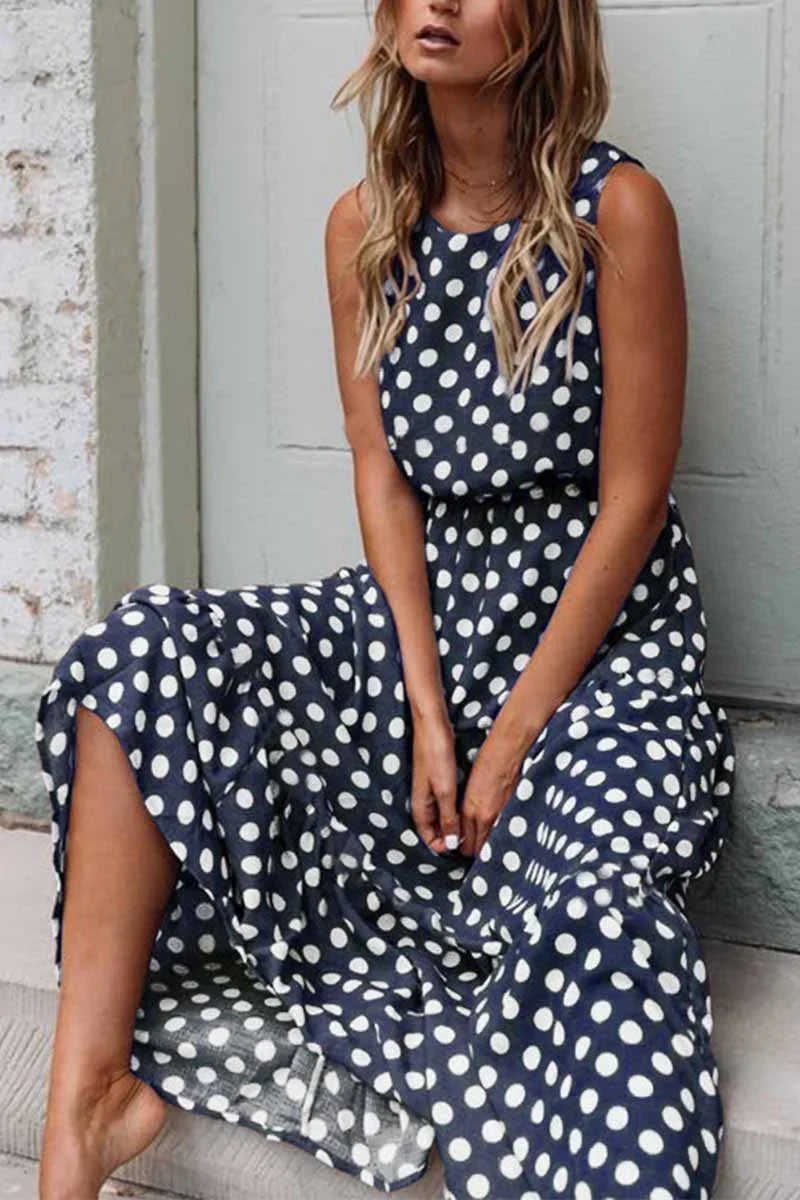FIONIE™ WOMEN'S SLEEVELESS POLKA DOT MAXI DRESS WITH RELAXED FIT
