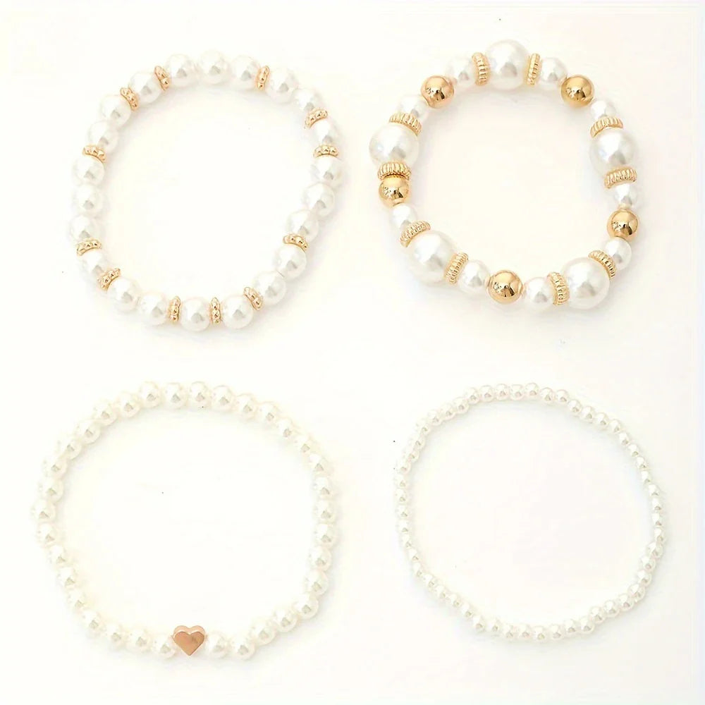 LUMIÈRE PEARL™ — ELEGANT WHITE 4PCS PEARL BEADED HANDMADE BRACELET SET