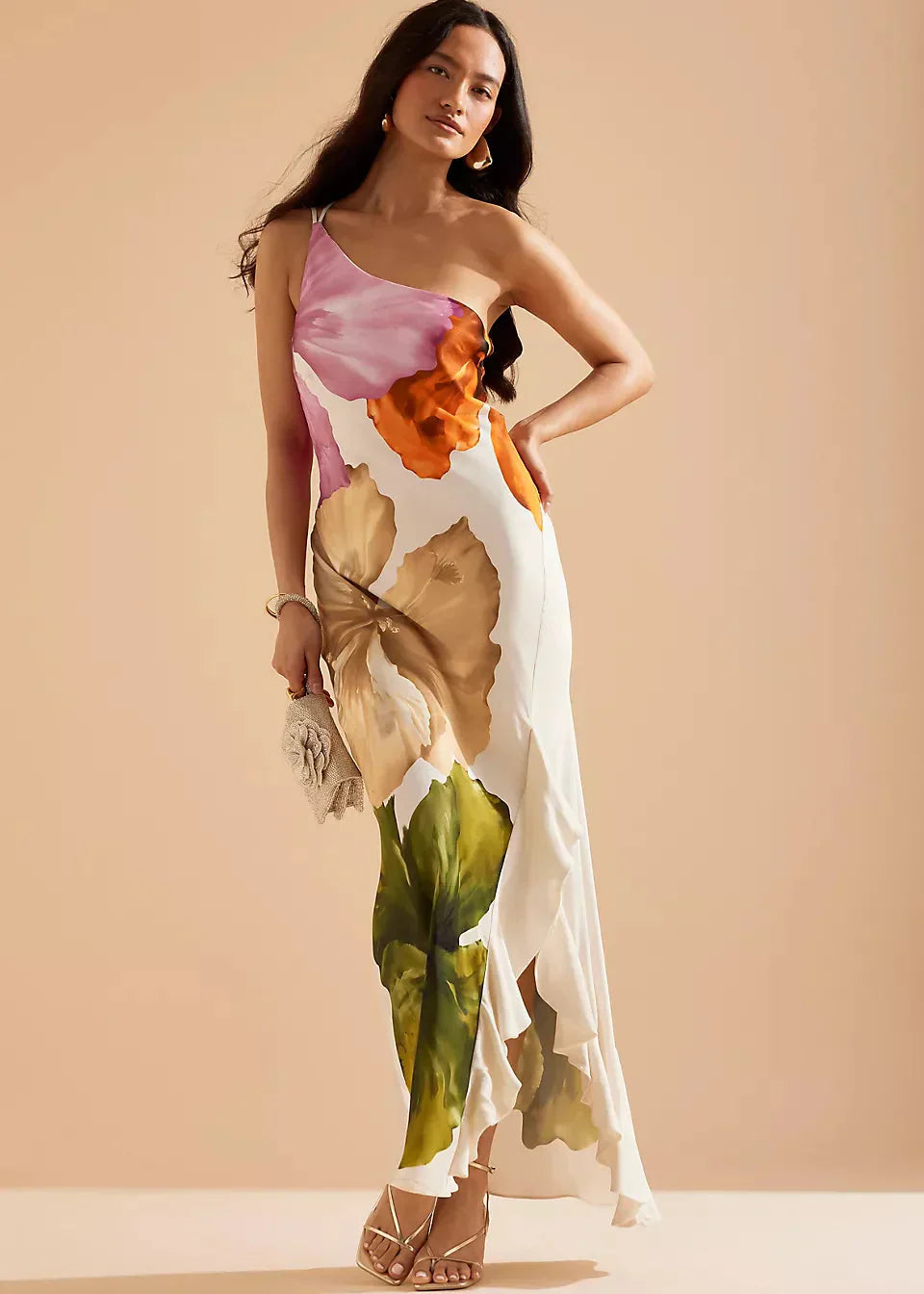 AIDENA™ WOMEN'S ONE-SHOULDER ASYMMETRIC MAXI DRESS: ABSTRACT PRINT