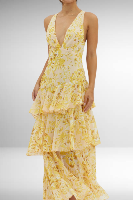MIRAE™ WOMEN'S SLEEVELESS LAYERED MAXI DRESS: DEEP V-NECK & RUFFLE HEM