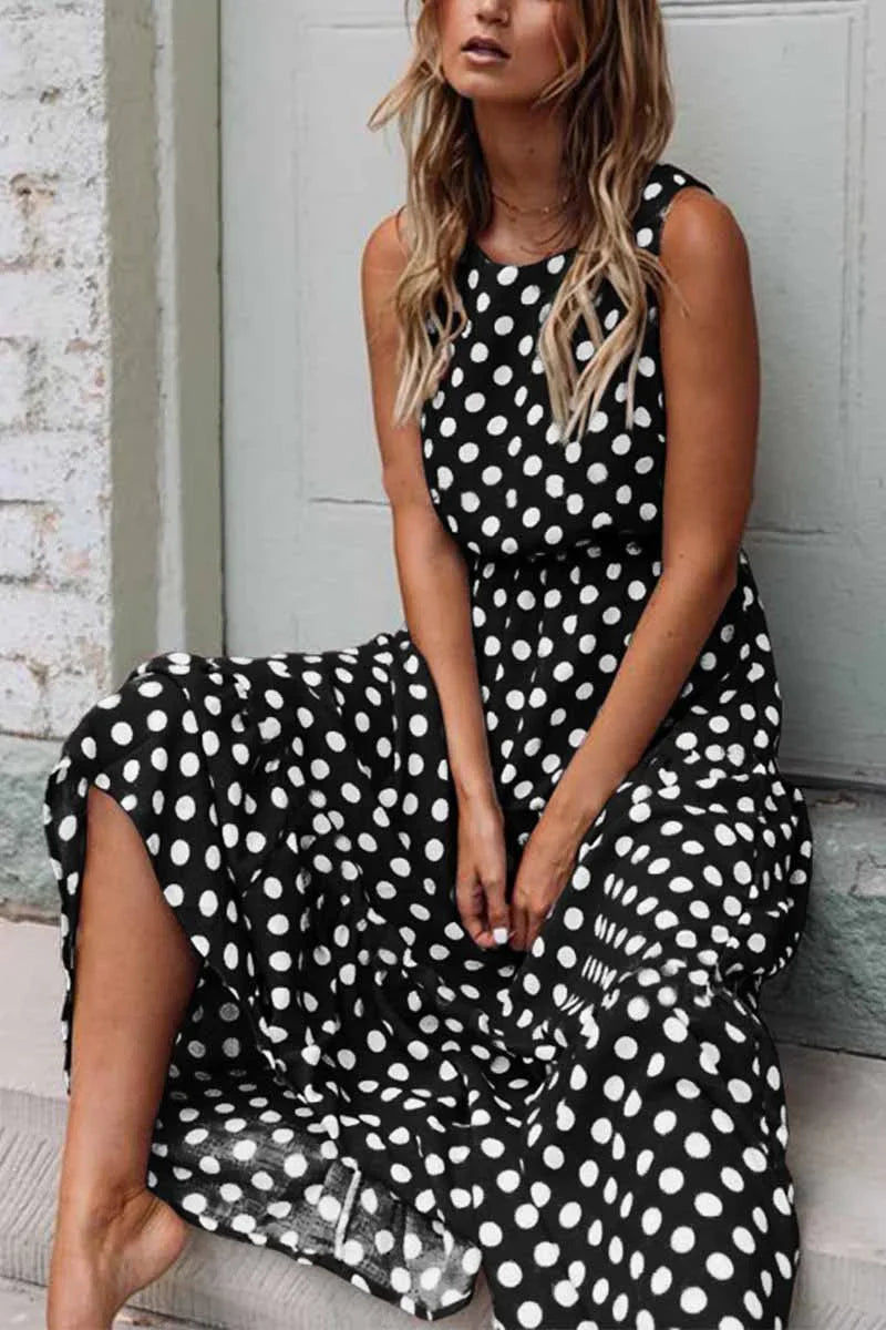 FIONIE™ WOMEN'S SLEEVELESS POLKA DOT MAXI DRESS WITH RELAXED FIT
