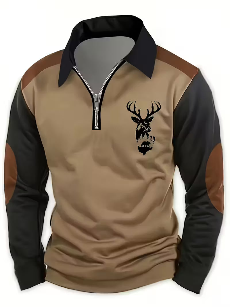 ELKWOOD™ HALF-ZIP DEER PRINT LONG-SLEEVE POLO