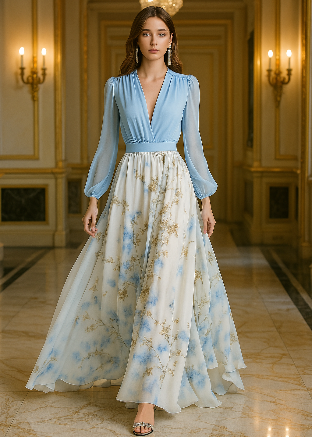 KIRI™ WOMEN'S ELEGANT V-NECK MAXI DRESS: LONG SLEEVES & FLORAL SKIRT