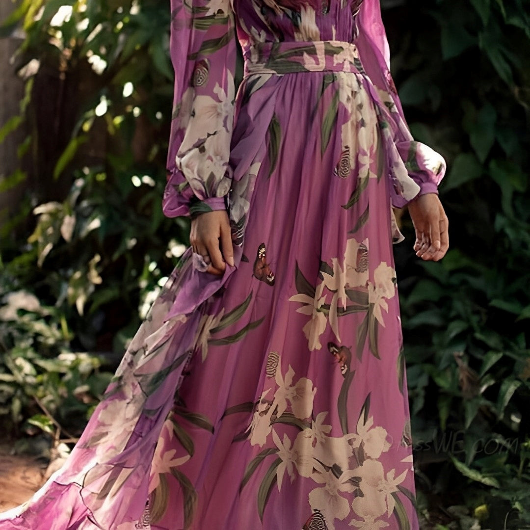 LILIA™ WOMEN'S LONG SLEEVE CHIFFON MAXI DRESS: FLORAL PRINT & V-NECK