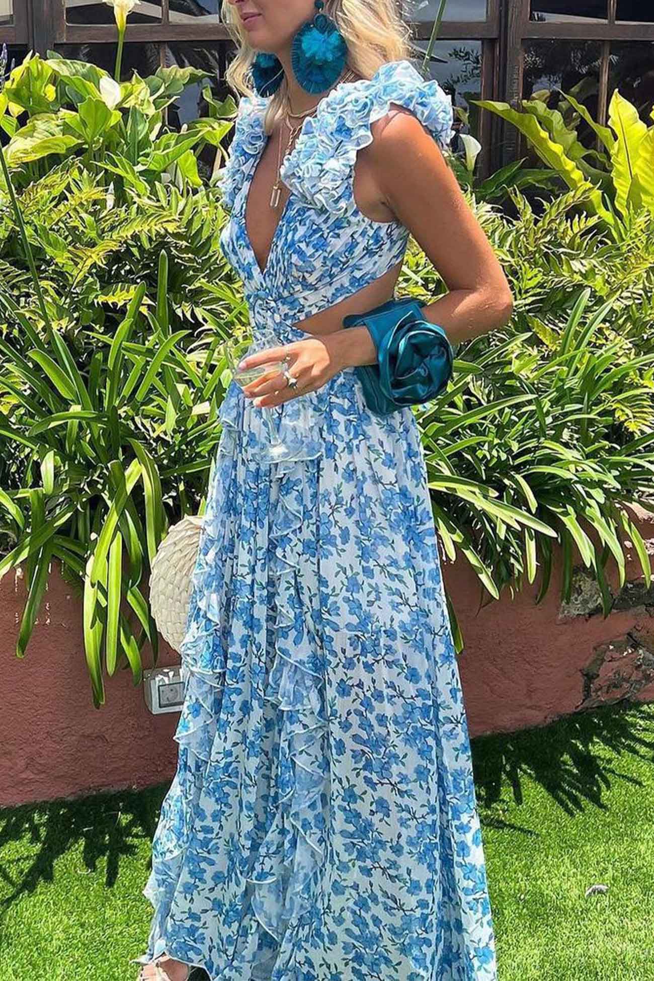 JADIA™ WOMEN'S FLORAL MAXI DRESS: V-NECK, RUFFLED SLEEVES, & CUT-OUT WAIST