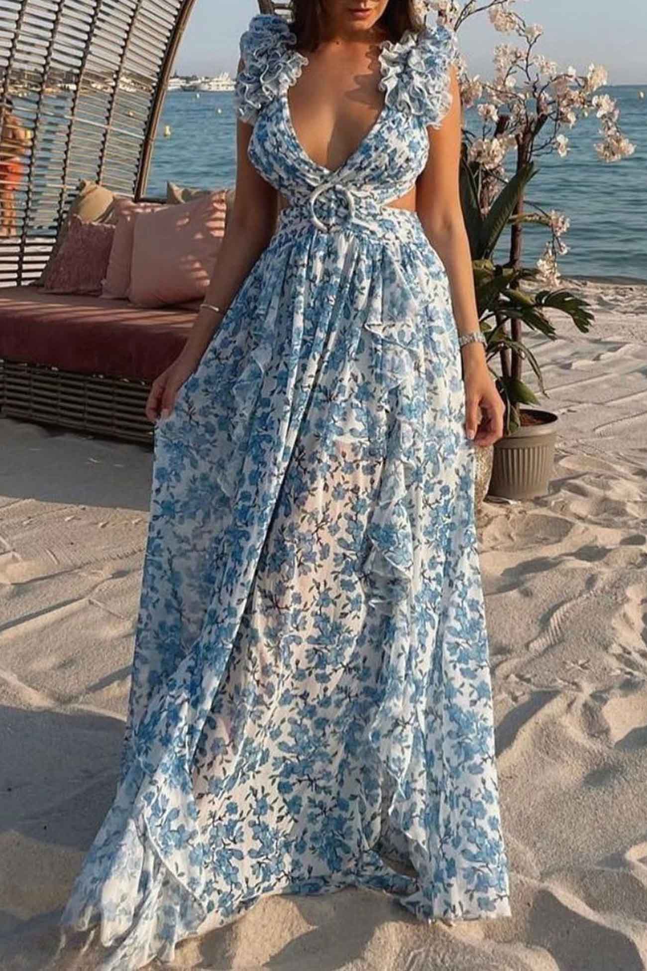 JADIA™ WOMEN'S FLORAL MAXI DRESS: V-NECK, RUFFLED SLEEVES, & CUT-OUT WAIST