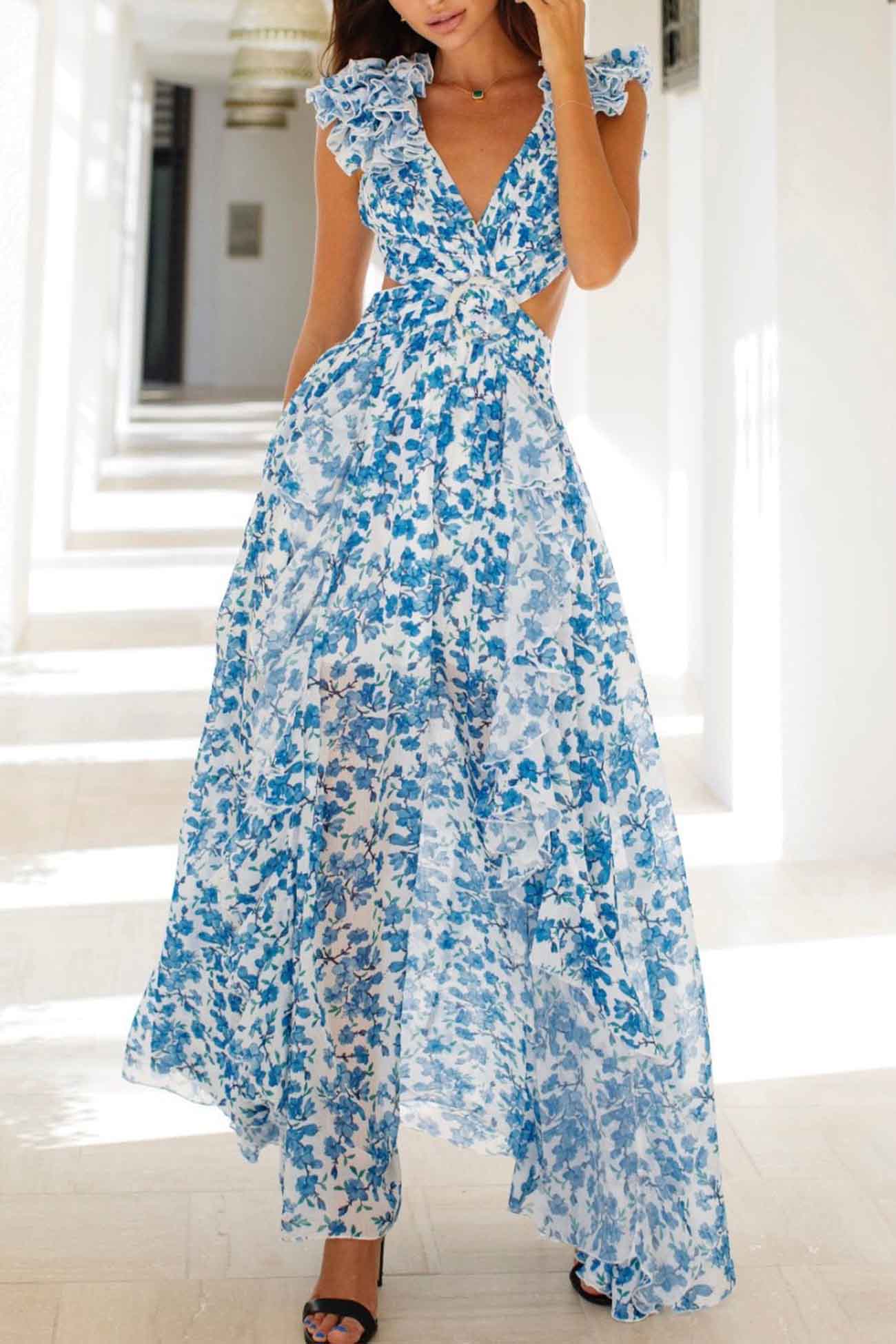 JADIA™ WOMEN'S FLORAL MAXI DRESS: V-NECK, RUFFLED SLEEVES, & CUT-OUT WAIST