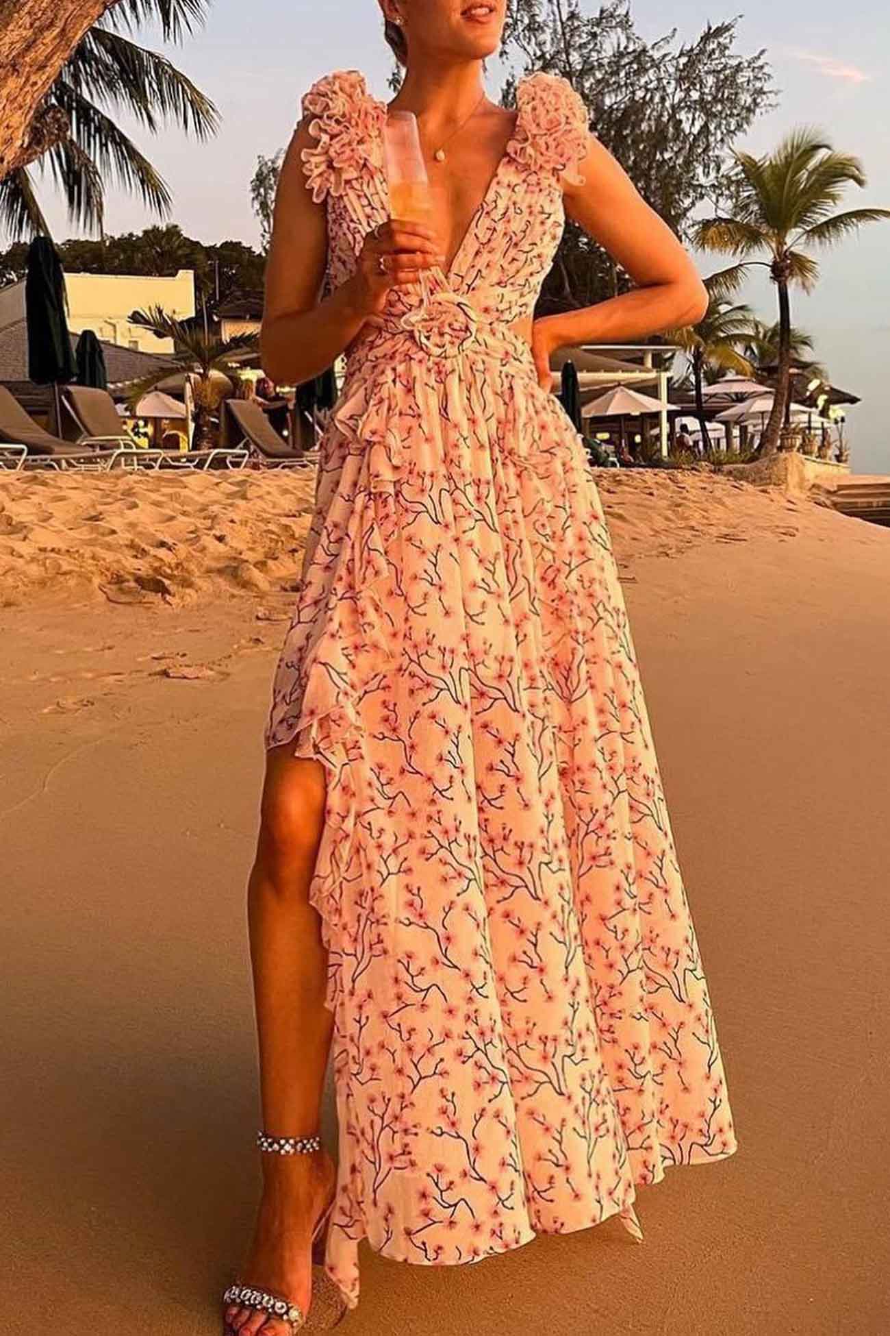 JADIA™ WOMEN'S FLORAL MAXI DRESS: V-NECK, RUFFLED SLEEVES, & CUT-OUT WAIST