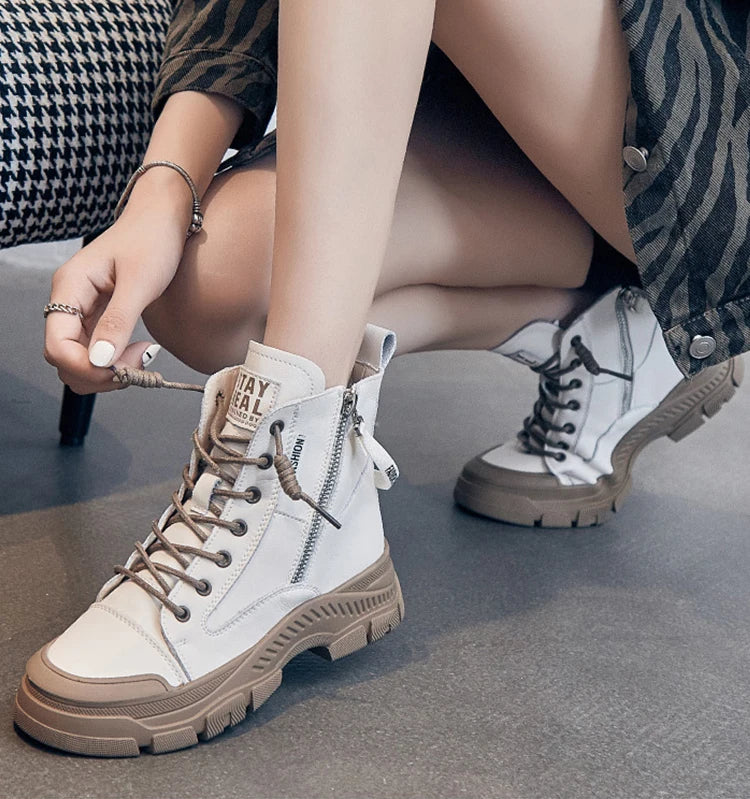 RICY™ LEATHER LIGHTWEIGHT LACE-UP ZIPPER ANKLE BOOTS
