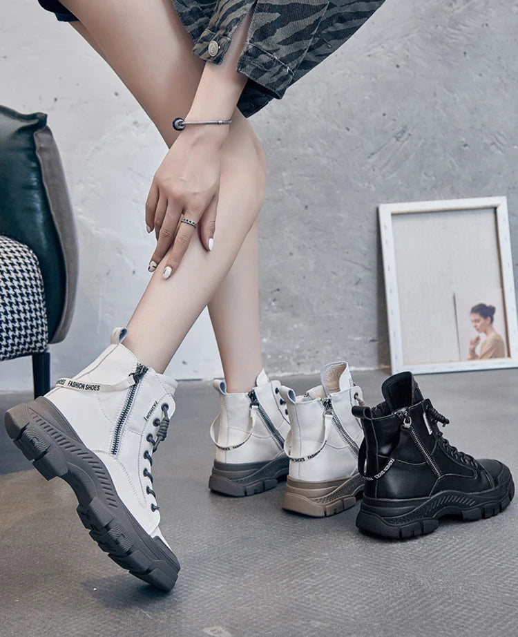 RICY™ LEATHER LIGHTWEIGHT LACE-UP ZIPPER ANKLE BOOTS