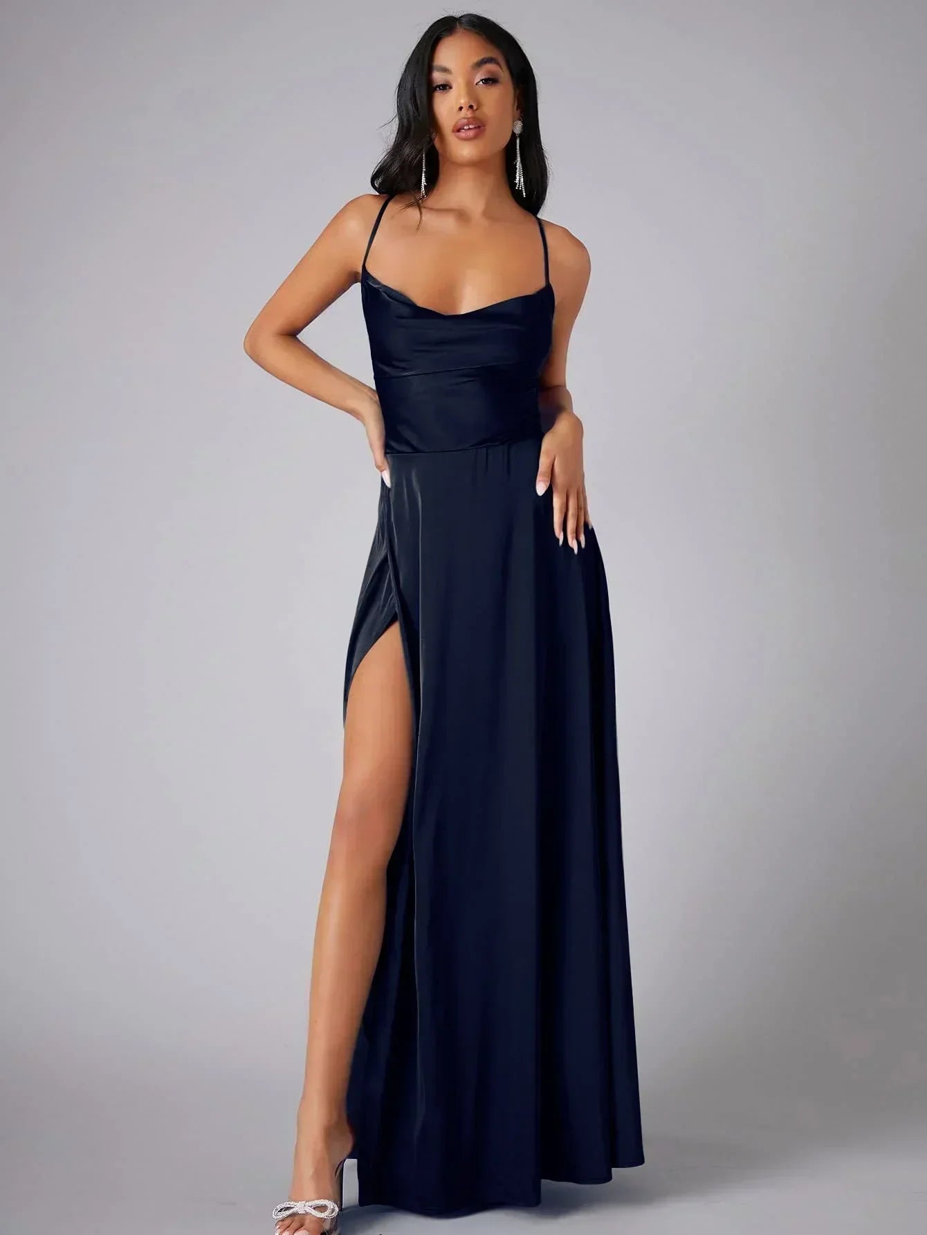 VIOLETAâ„¢ WOMEN'S SPAGHETTI STRAP EVENING MAXI DRESS: HIGH SLIT