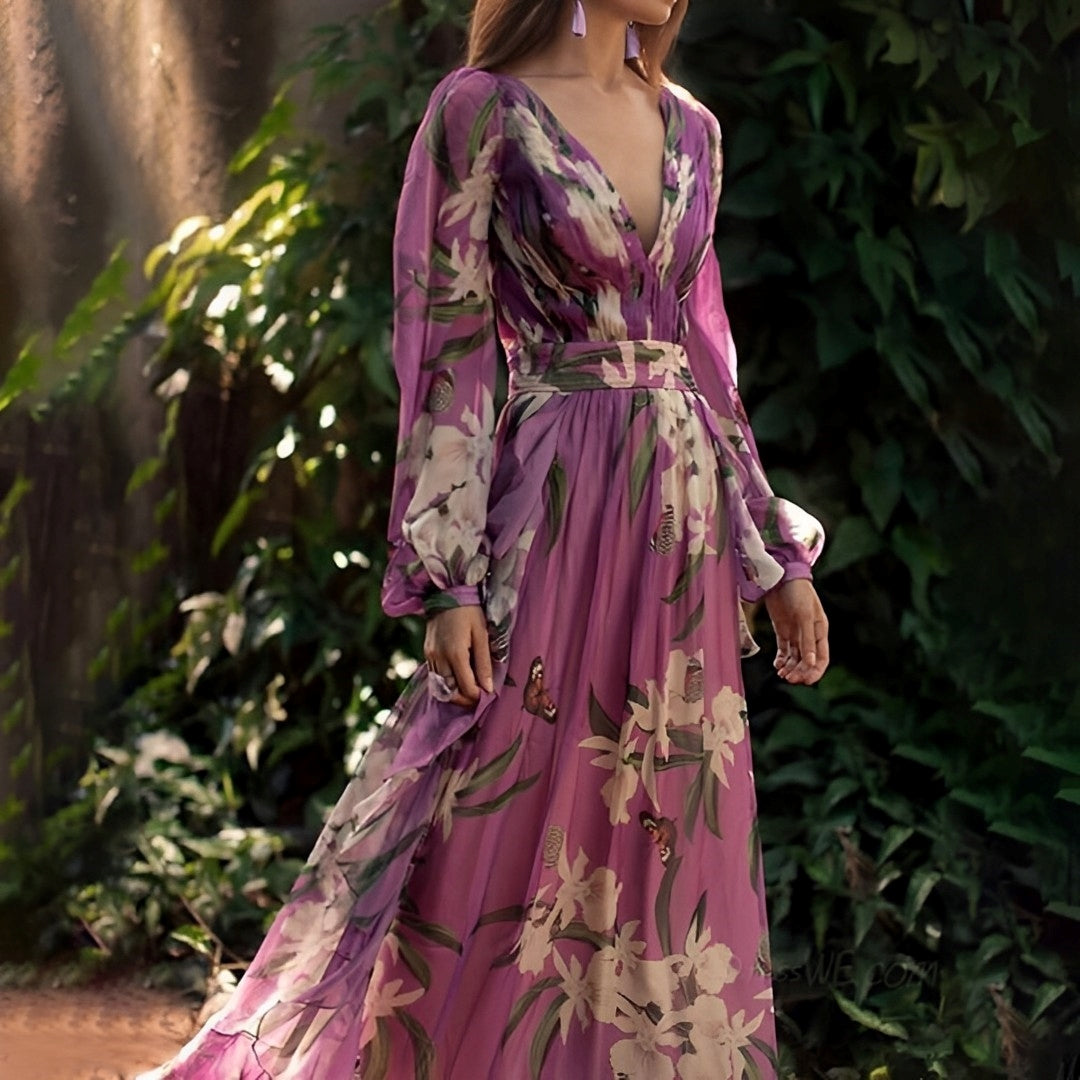 LILIA™ WOMEN'S LONG SLEEVE CHIFFON MAXI DRESS: FLORAL PRINT & V-NECK