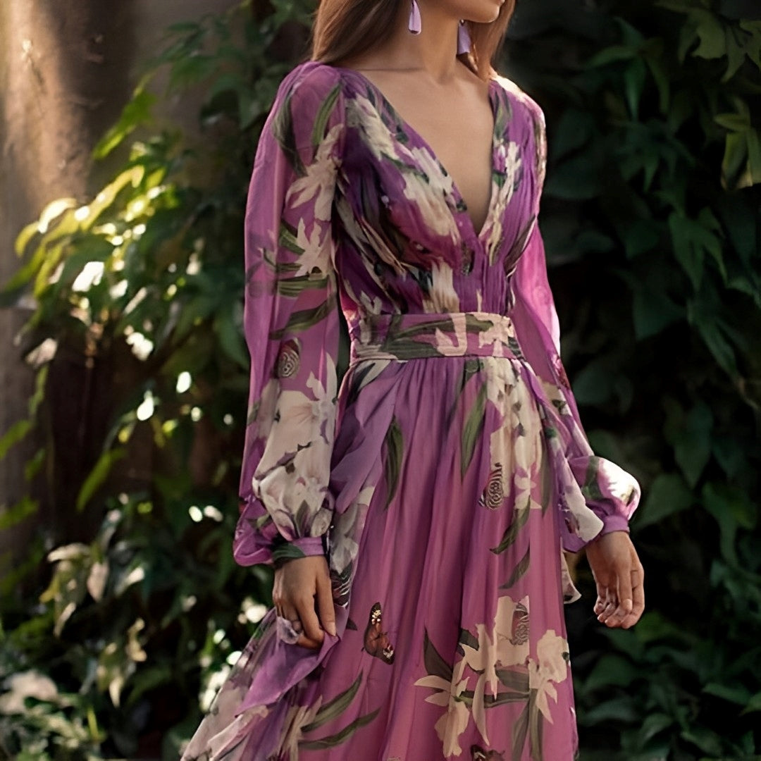 LILIA™ WOMEN'S LONG SLEEVE CHIFFON MAXI DRESS: FLORAL PRINT & V-NECK