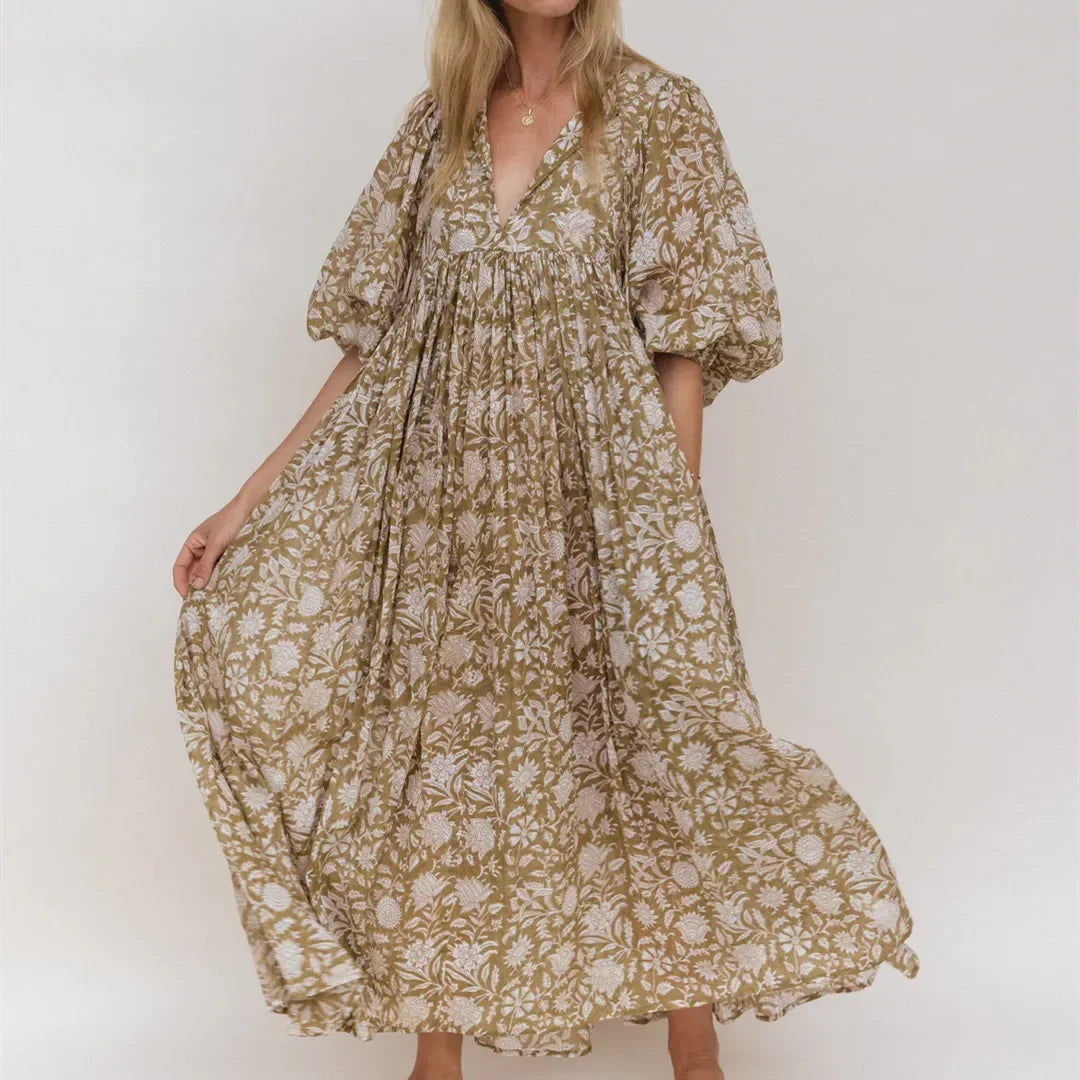 ZOA™ WOMEN'S FLORAL MAXI DRESS: V-NECK, 3/4 LOOSE LANTERN SLEEVES