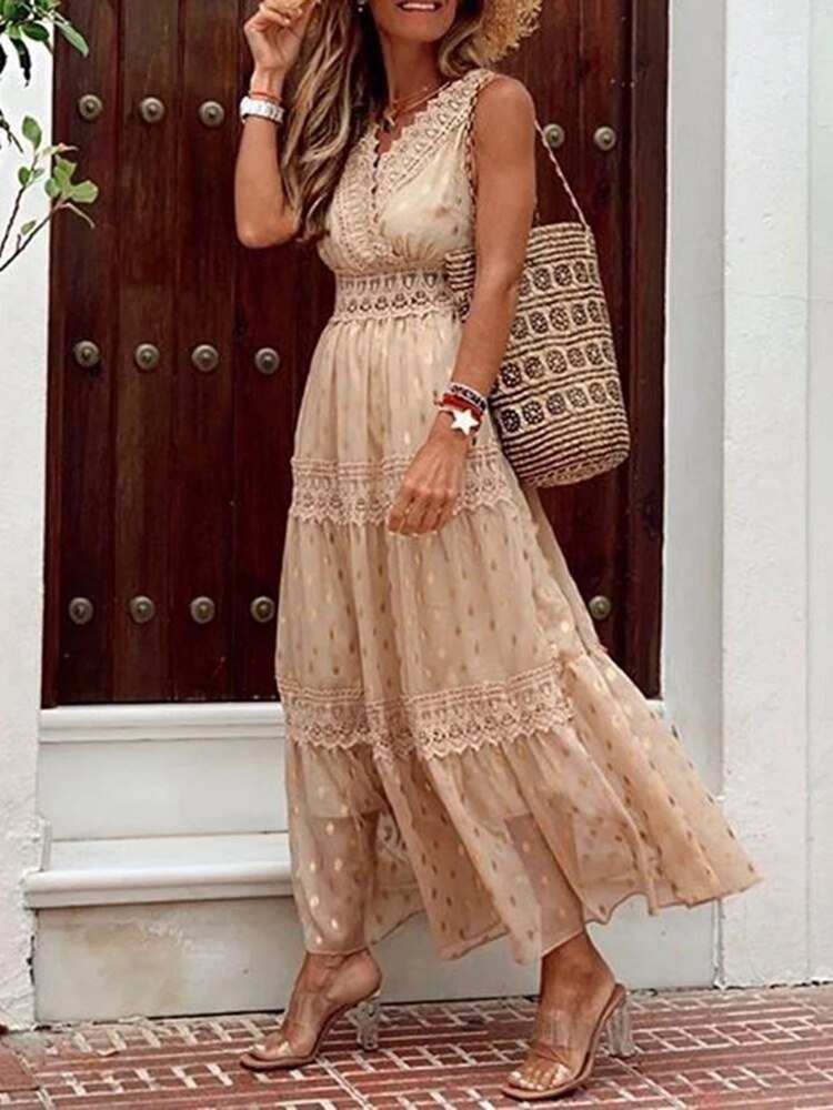 IVIA™ WOMEN'S BOHO MAXI DRESS: TIERED SKIRT & LACE TRIM
