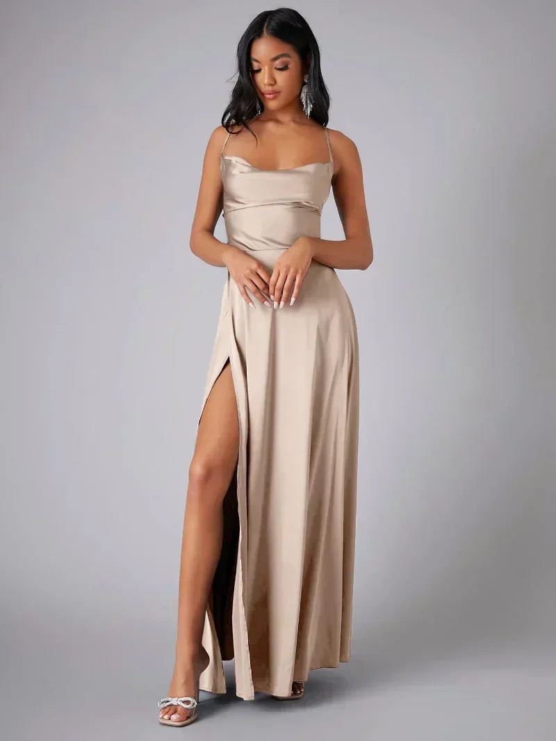 VIOLETAâ„¢ WOMEN'S SPAGHETTI STRAP EVENING MAXI DRESS: HIGH SLIT