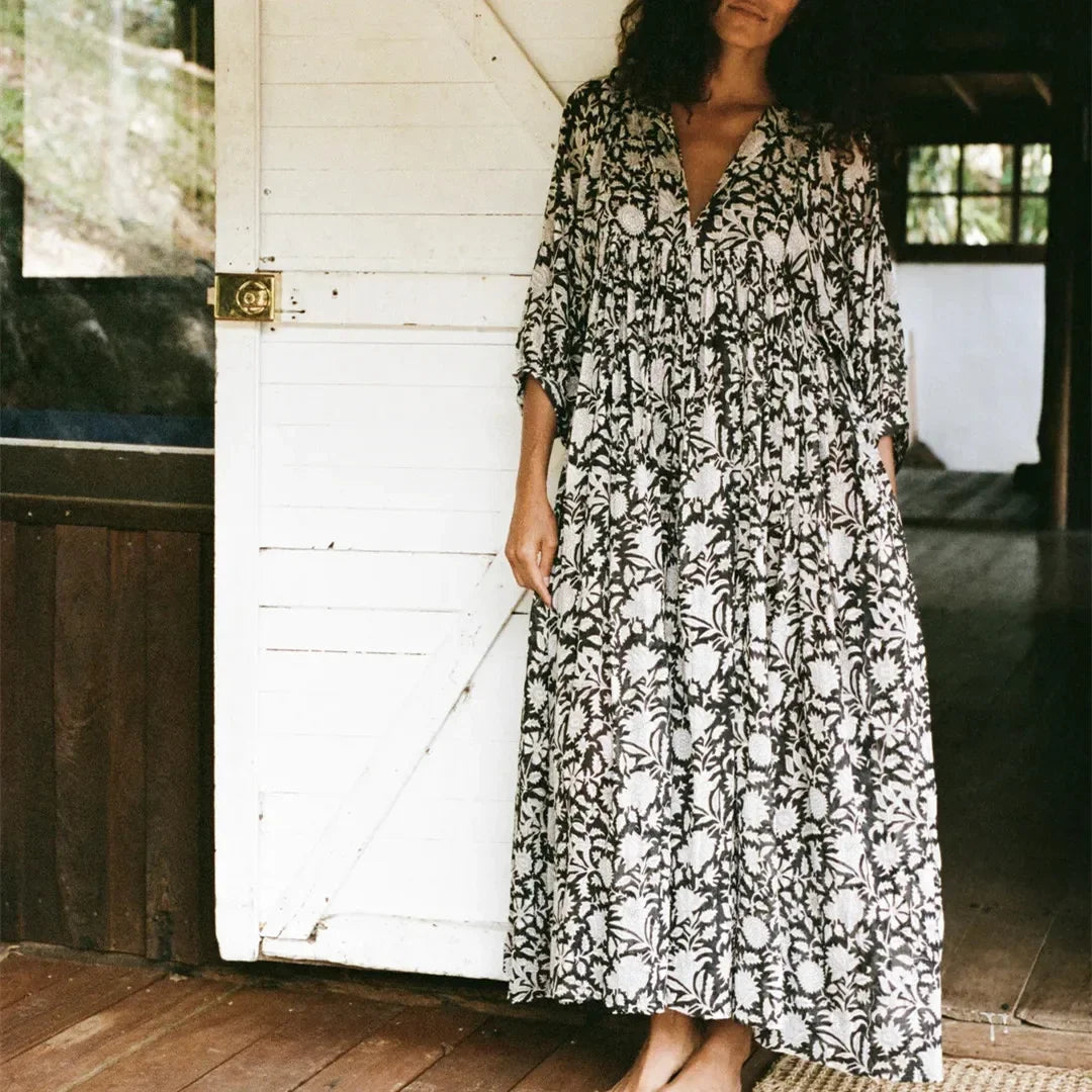 ZOA™ WOMEN'S FLORAL MAXI DRESS: V-NECK, 3/4 LOOSE LANTERN SLEEVES
