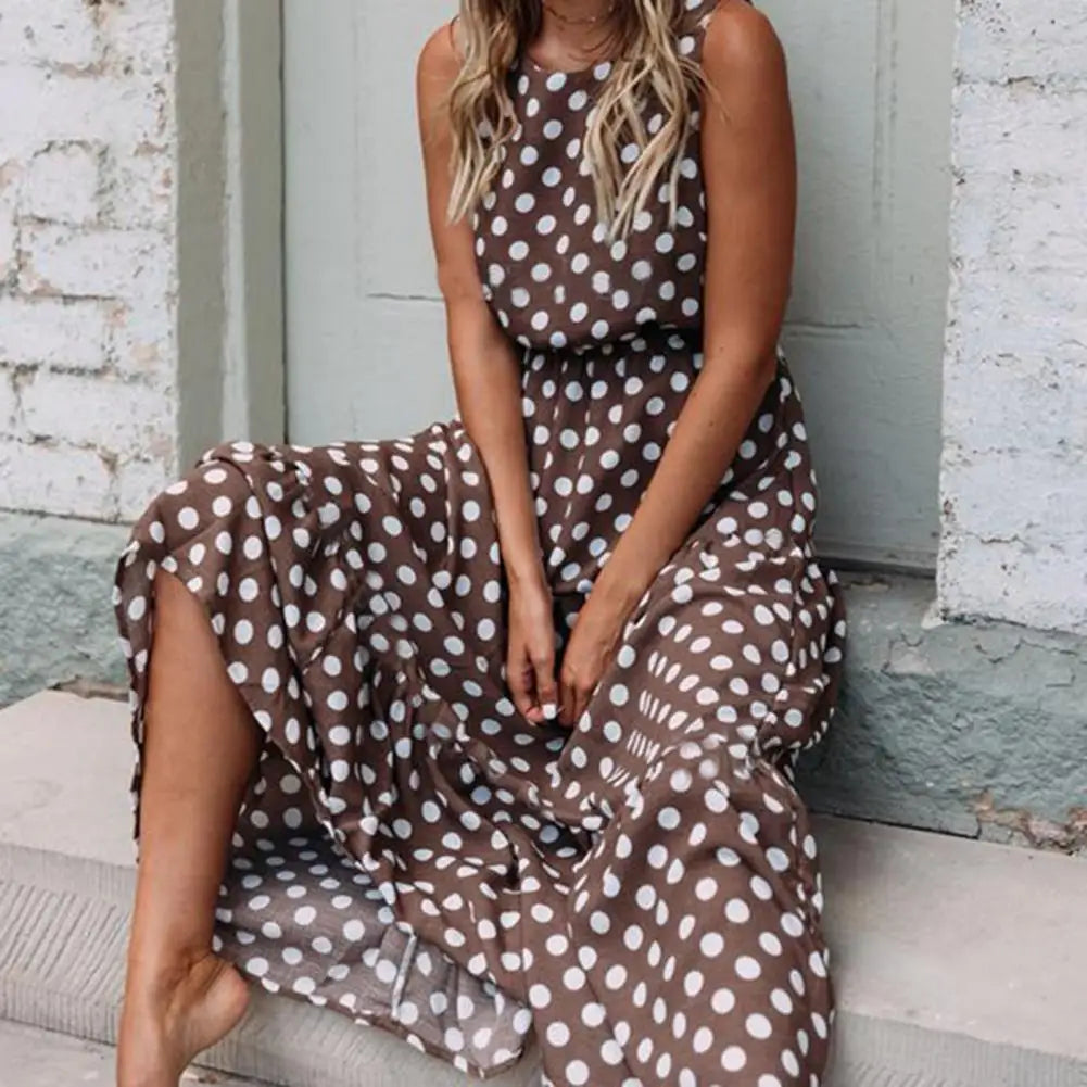 FIONIE™ WOMEN'S SLEEVELESS POLKA DOT MAXI DRESS WITH RELAXED FIT