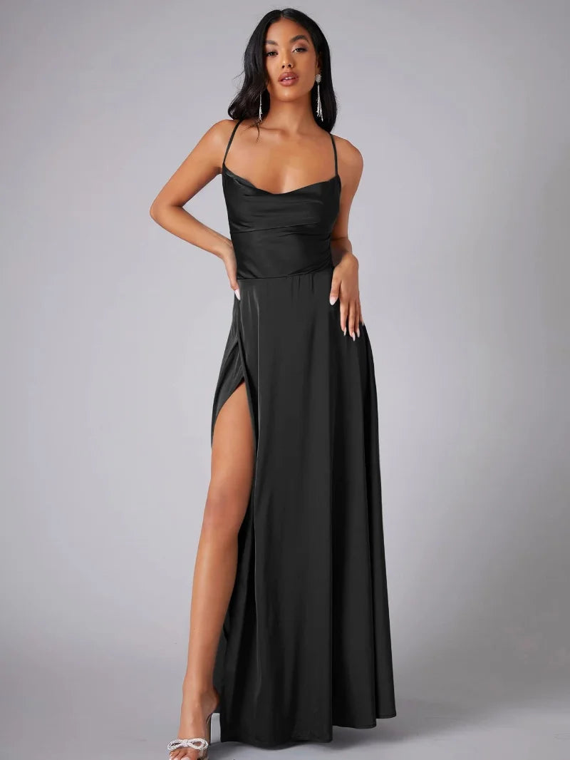 VIOLETAâ„¢ WOMEN'S SPAGHETTI STRAP EVENING MAXI DRESS: HIGH SLIT