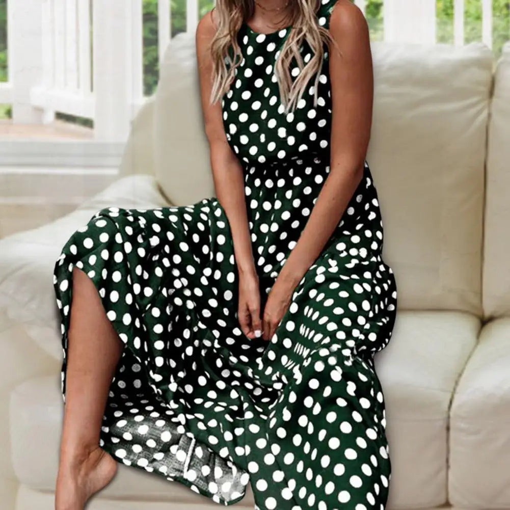 FIONIE™ WOMEN'S SLEEVELESS POLKA DOT MAXI DRESS WITH RELAXED FIT