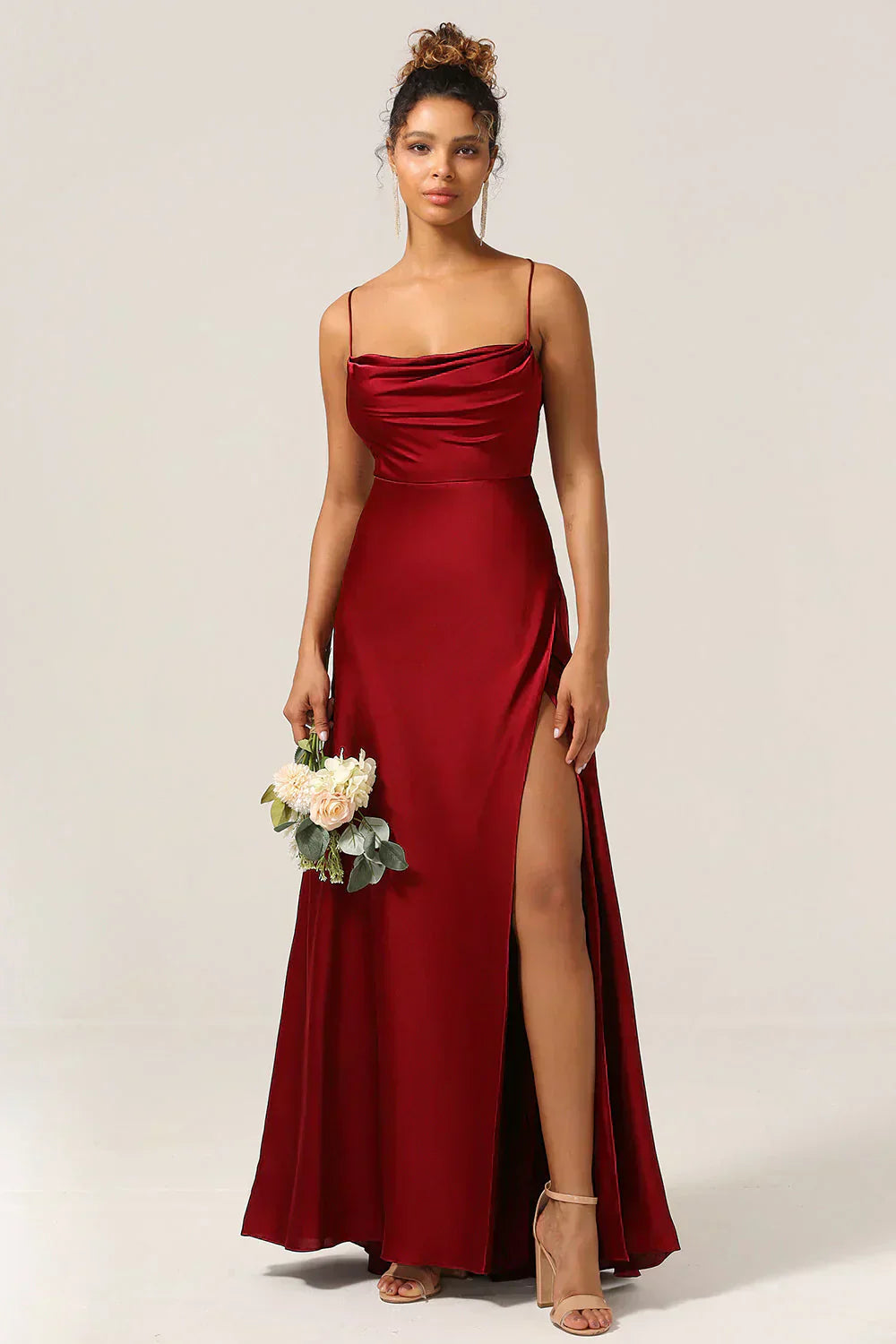 VIOLETAâ„¢ WOMEN'S SPAGHETTI STRAP EVENING MAXI DRESS: HIGH SLIT