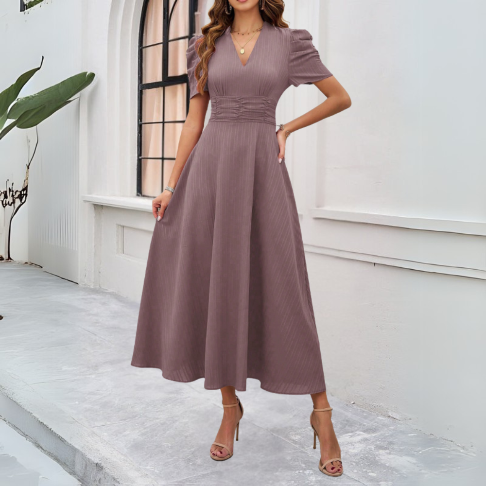 MABELA™ WOMEN'S V-NECK PUFF SLEEVE MAXI DRESS: FITTED WAIST DETAIL