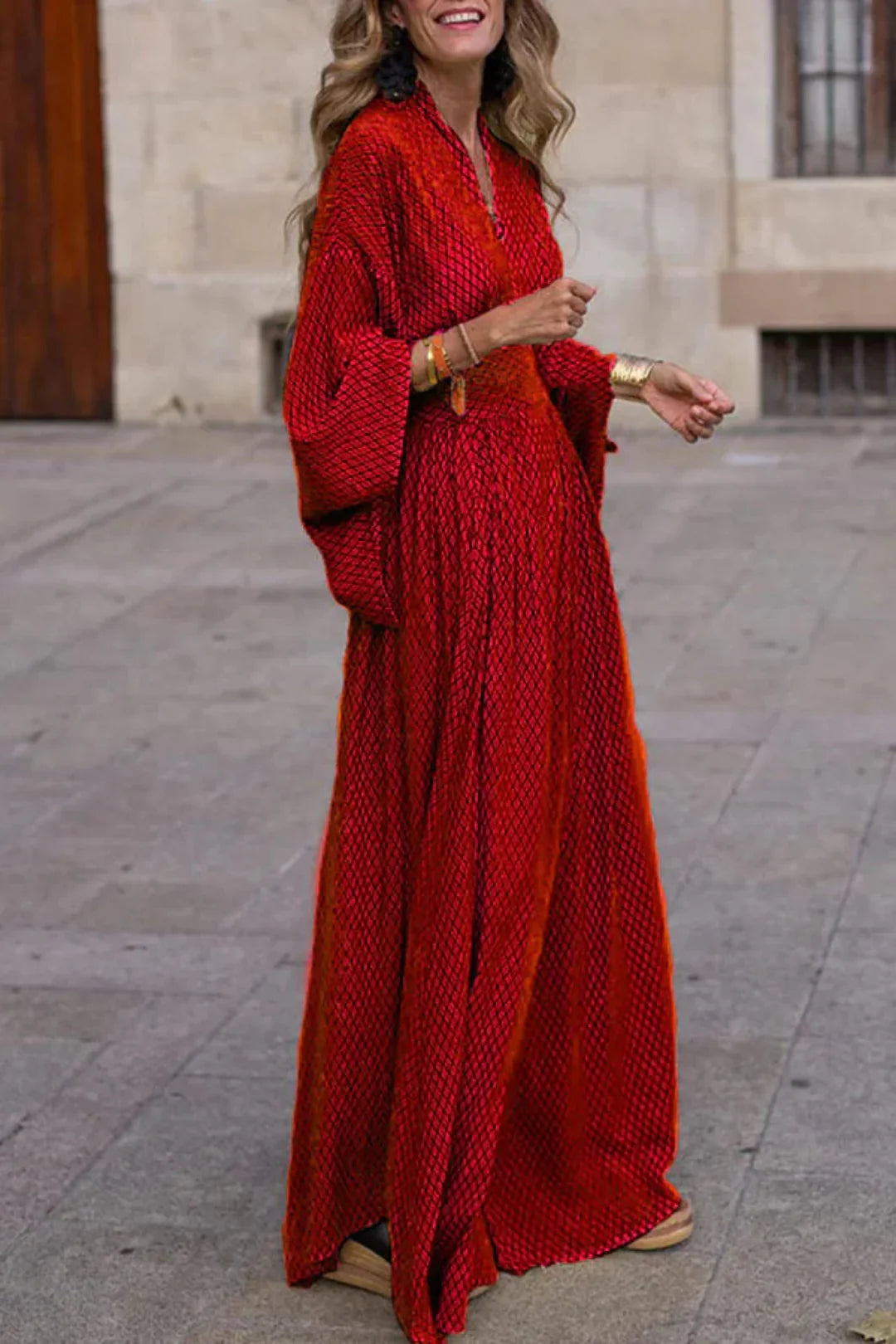 ELEORA™ WOMEN'S GEOMETRIC PRINT MAXI DRESS: LONG SLEEVES & V-NECK