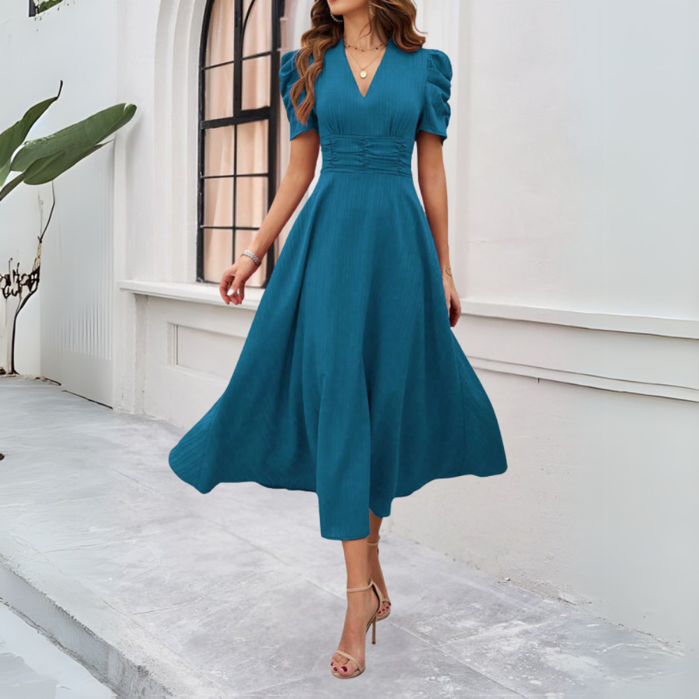 MABELA™ WOMEN'S V-NECK PUFF SLEEVE MAXI DRESS: FITTED WAIST DETAIL