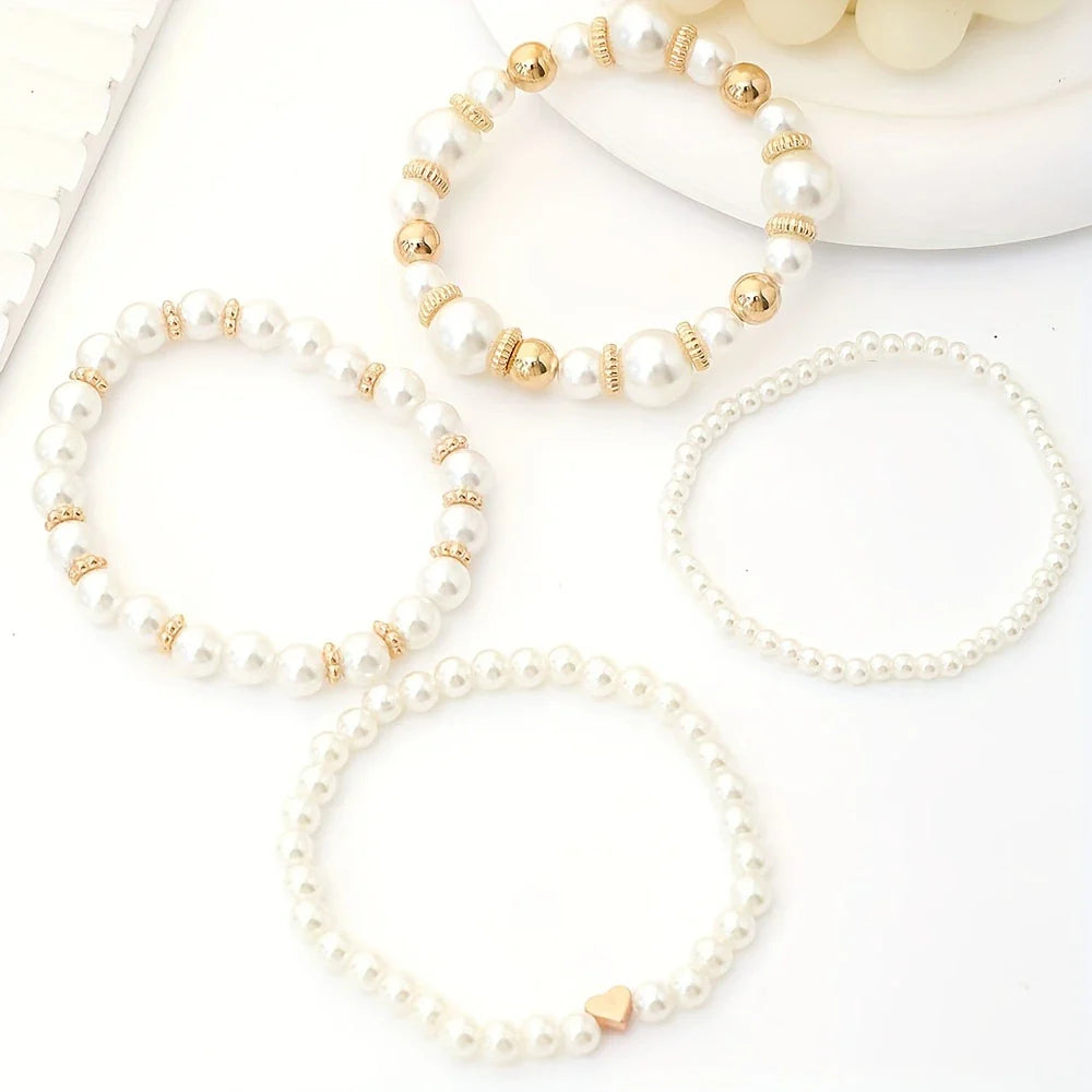 LUMIÈRE PEARL™ — ELEGANT WHITE 4PCS PEARL BEADED HANDMADE BRACELET SET