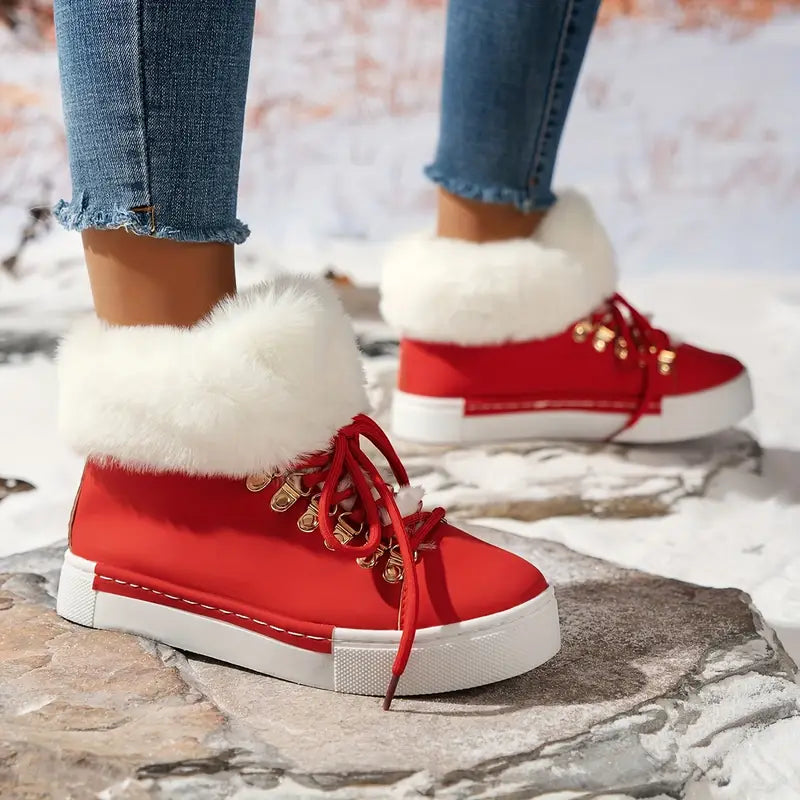 PUNKEYDOODLES™ FUR-LINED RED LACE-UP WINTER BOOTS