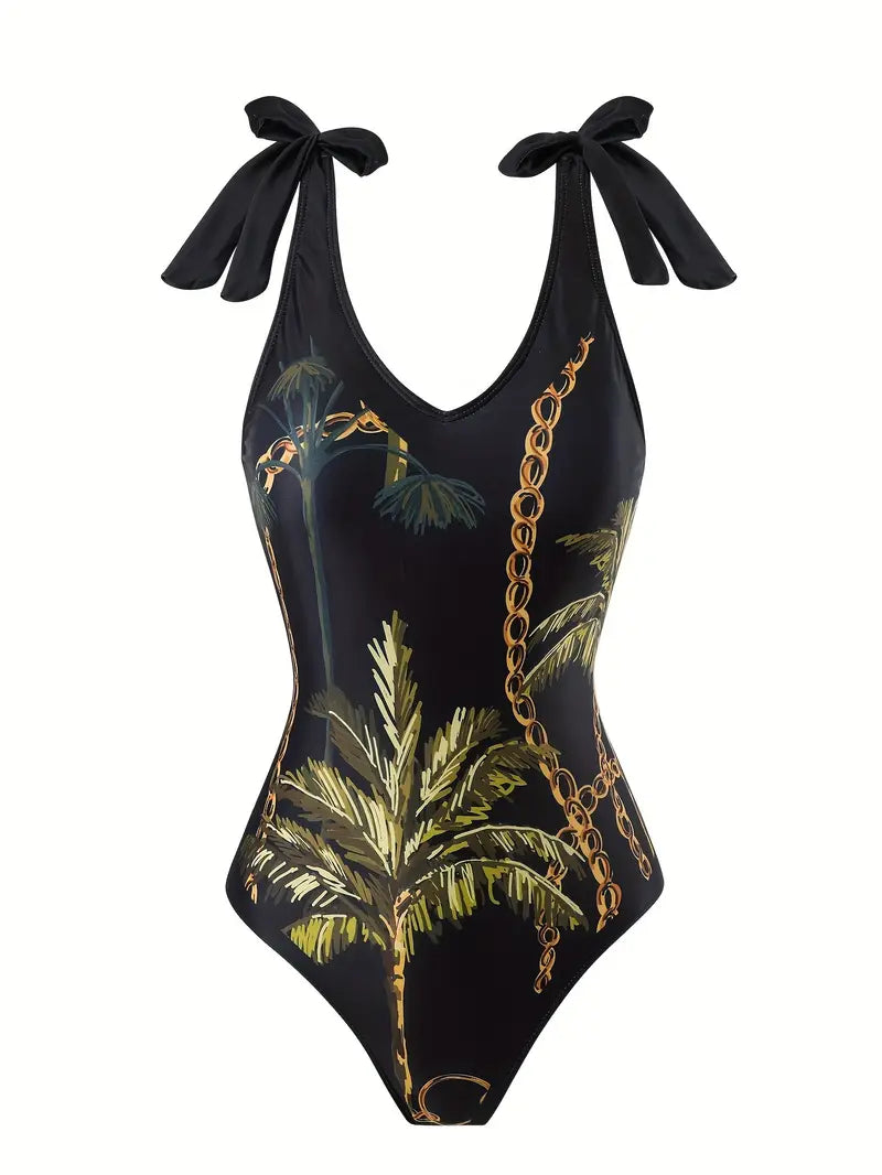 WOMEN'S PALM PRINT MESH SKIRT TWO-PIECE SWIMSUIT SET