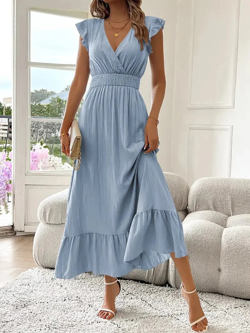 ROMIE™ WOMEN'S RUFFLE SLEEVE MAXI DRESS: V-NECK & SMOCKED WAIST