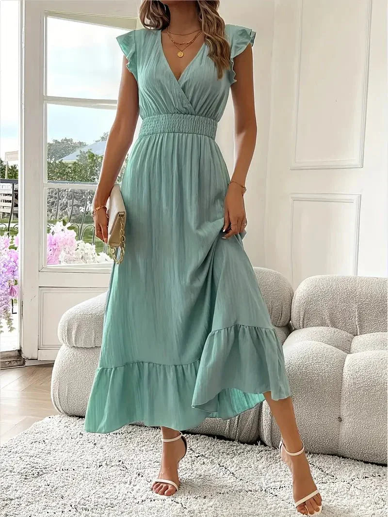 ROMIE™ WOMEN'S RUFFLE SLEEVE MAXI DRESS: V-NECK & SMOCKED WAIST