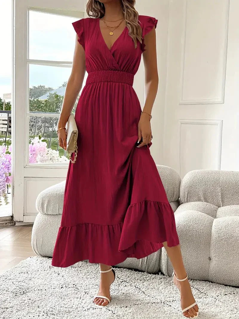ROMIE™ WOMEN'S RUFFLE SLEEVE MAXI DRESS: V-NECK & SMOCKED WAIST