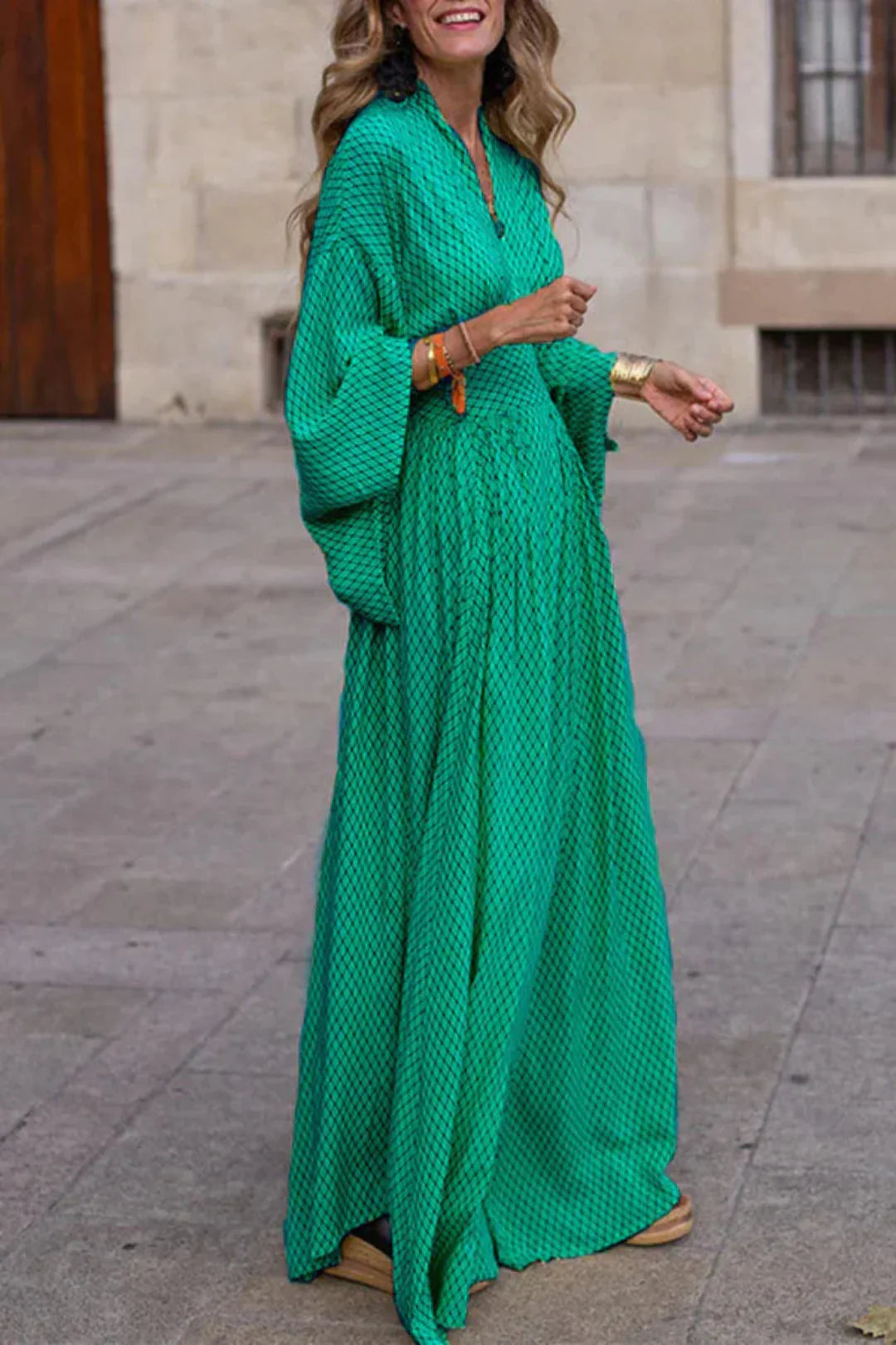 ELEORA™ WOMEN'S GEOMETRIC PRINT MAXI DRESS: LONG SLEEVES & V-NECK