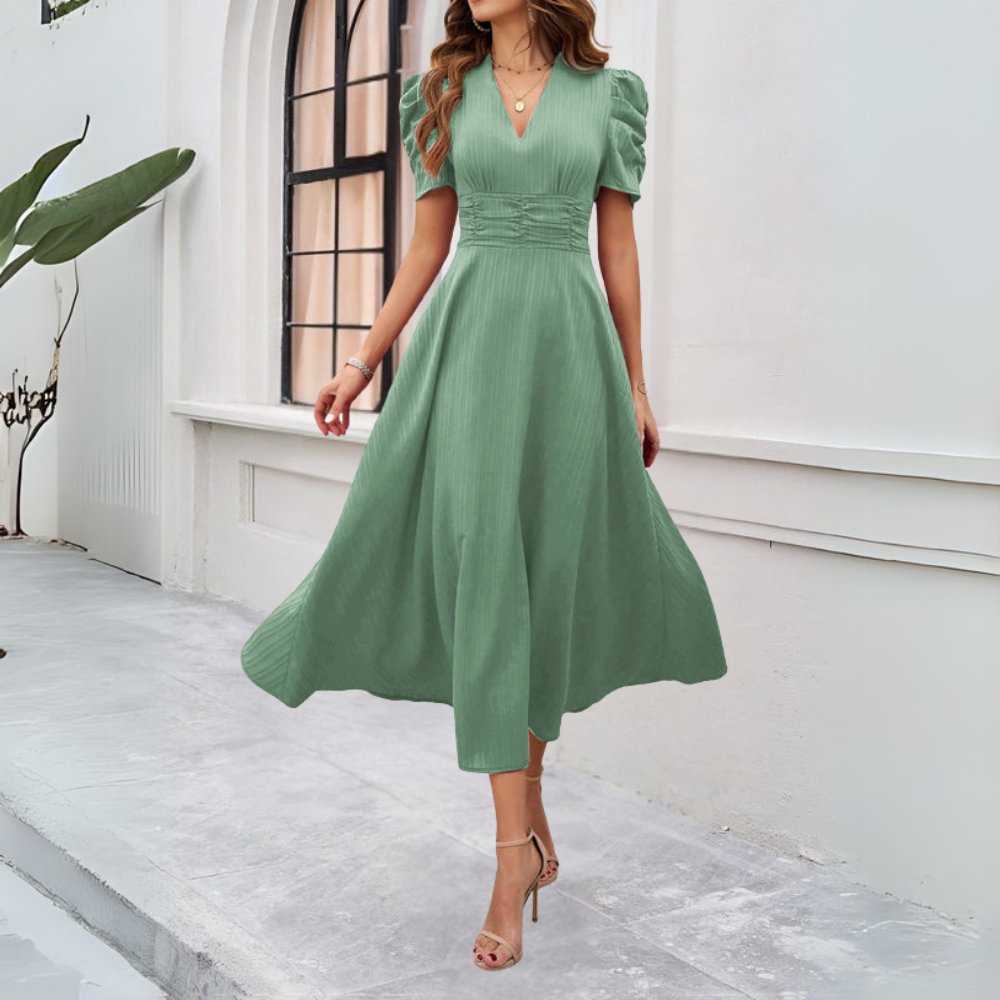 MABELA™ WOMEN'S V-NECK PUFF SLEEVE MAXI DRESS: FITTED WAIST DETAIL