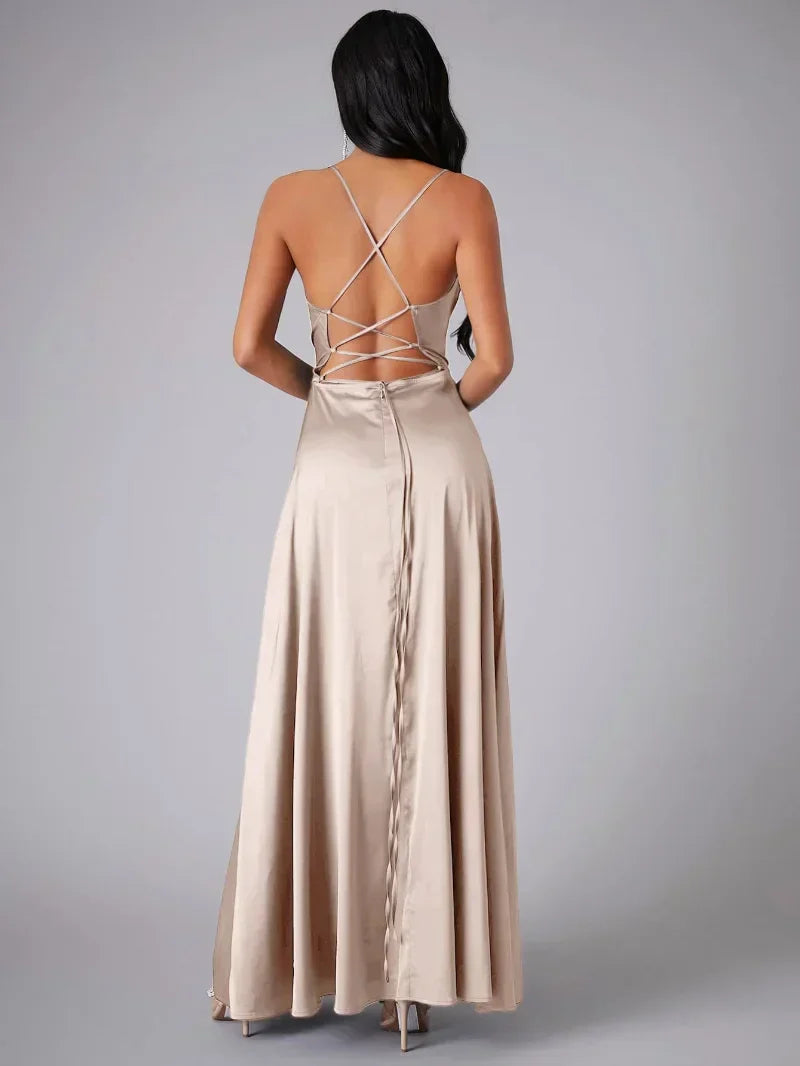 VIOLETAâ„¢ WOMEN'S SPAGHETTI STRAP EVENING MAXI DRESS: HIGH SLIT
