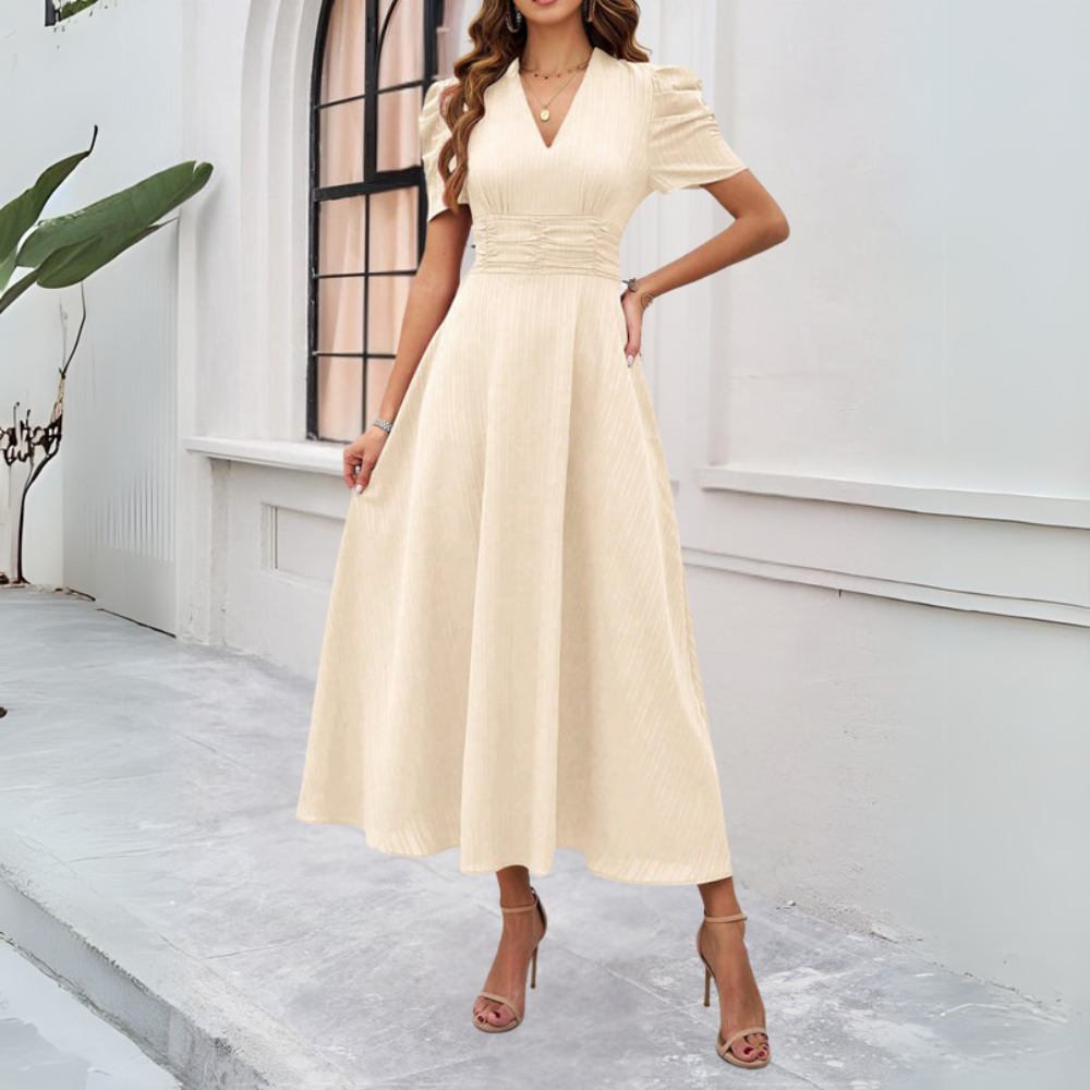 MABELA™ WOMEN'S V-NECK PUFF SLEEVE MAXI DRESS: FITTED WAIST DETAIL