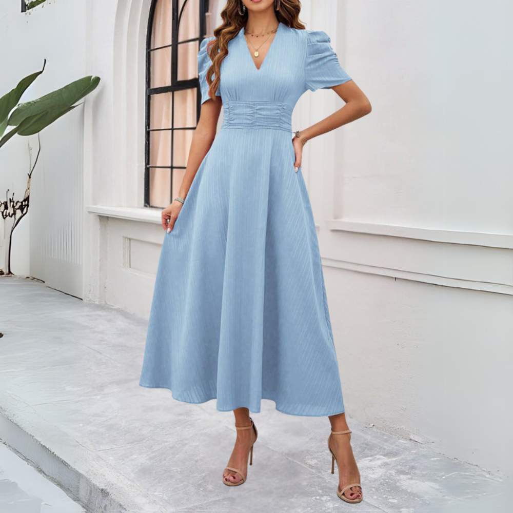 MABELA™ WOMEN'S V-NECK PUFF SLEEVE MAXI DRESS: FITTED WAIST DETAIL