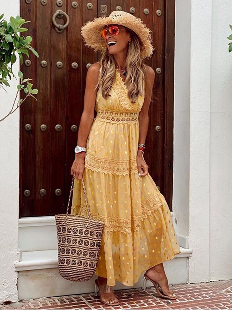 IVIA™ WOMEN'S BOHO MAXI DRESS: TIERED SKIRT & LACE TRIM