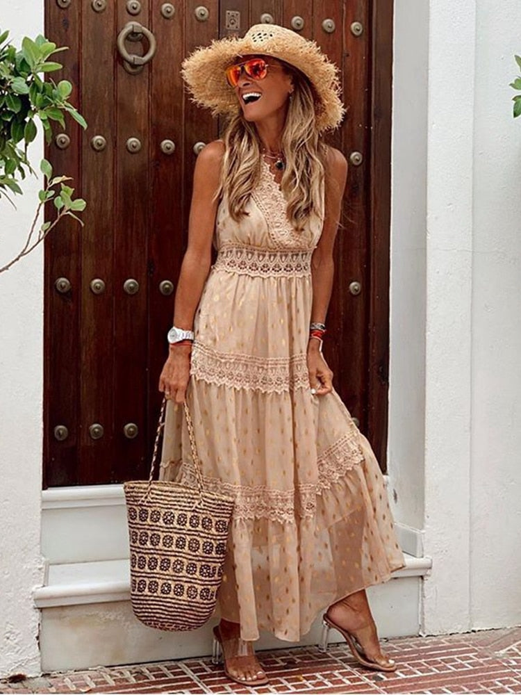 IVIA™ WOMEN'S BOHO MAXI DRESS: TIERED SKIRT & LACE TRIM